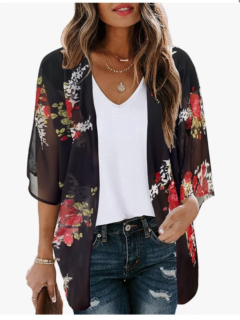 Black Floral Sheer Kimono Shrug - Lightweight Open-Front